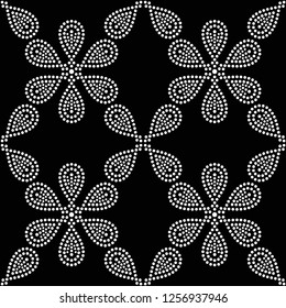Black and white seamless pattern of dotted flowers and petals in trellis. Mosaic floral print of white dots. Geometric lattice print of beads. Vector Illustration.