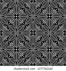 Black and white seamless pattern of dotted flowers, snowflakes, leaves in trellis. Mosaic floral print of white dots. Geometric lattice print of beads. Vector Illustration.