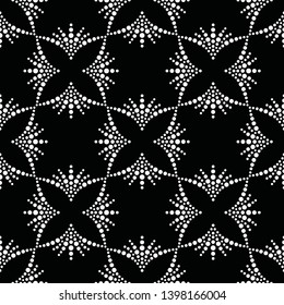 Black and white seamless pattern of dotted flowers in trellis. Mosaic floral print of white dots. Delicate lace print of beads. Vector Illustration.