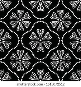 Black and white seamless pattern of dotted cornflower in trellis. Mosaic floral print of white dots. Lattice print of beads. Vector Illustration.
