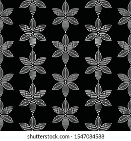 Black and white seamless pattern of dotted flowers in garlands. Mosaic floral print of delicate petals. Vector Illustration.