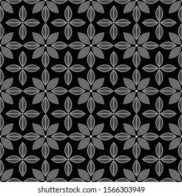 Black and white seamless pattern of dotted flowers in trellis. Mosaic floral print of delicate petals. Vector Illustration.