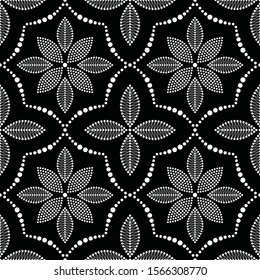 Black and white seamless pattern of dotted flowers in trellis. Mosaic floral print of delicate petals. Vector Illustration.