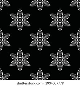 Patrón blanco y negro sin costuras de flores de encaje y puntos en la enrejado. Impresión floral mosaica de pétalos delicados. Ilustración vectorial.