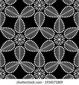 Patrón blanco y negro sin costuras de flores de encaje y puntos en la enrejado. Impresión floral mosaica de pétalos delicados. Ornamento oriental. Ilustración vectorial.