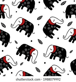 Schwarz-Weiß nahtloses Muster mit Elefanten Savanna Tiere Handzeichnung. Kinder, Vektorgrafik