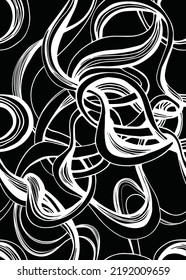 Black and white seamless pattern of endless ribbons and knots. Hand drawn with ink pen. Can be used for textile design