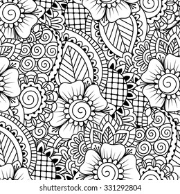 Patrón transparente blanco y negro. Antecedentes dibujados a mano para colorear libro, textil o envoltura.