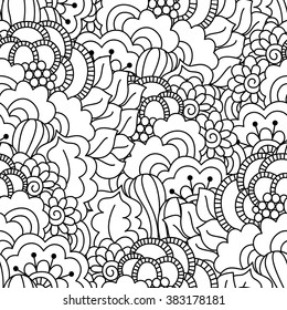 Black and white seamless pattern. Ethnic henna hand drawn background for coloring book, textile or wrapping.