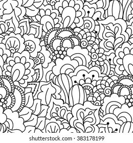 Black and white seamless pattern. Ethnic henna hand drawn background for coloring book, textile or wrapping.