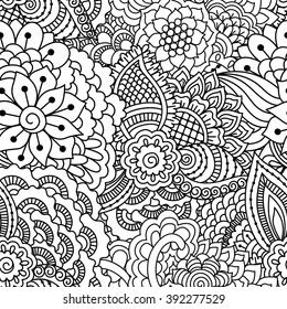 Black and white seamless pattern. Ethnic henna hand drawn background for coloring book, textile or wrapping.