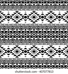 Black and white seamless pattern with ethnic Aztec ornament. Abstract wallpaper in boho style.