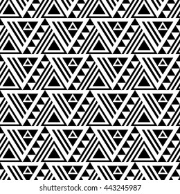 Black and white seamless pattern with ethnic motives and grunge effect. Aztec stylized print template for fabric and paper. Summer fashion. Tribal background.