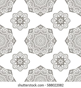 Black and white seamless pattern, ethnic ornament. Hand drawn abstract background. Mandala