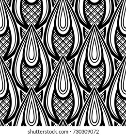 Black and White Seamless Pattern with Ethnic Motifs. Endless Texture with Abstract Design Element. Art Deco, Nouveau, Islamic, Arabic Style. Pressured Printing Template. Vector Contour Illustration