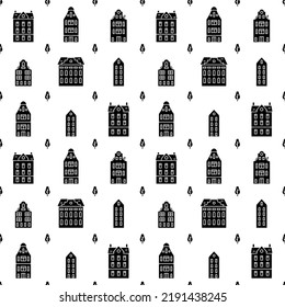 Black and white seamless pattern with european holland houses and trees. Old historical buildings. Vector illustration in silhouette flat style.