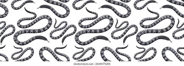 Black and white seamless pattern with exotic tropical snakes