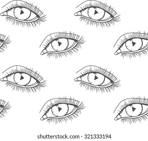 Black & white seamless pattern with eyes. Trend. Vector texture for textile. Black outline hand drawn vector eye with musical button Play seamless pattern. Cute doodle modern isolated pop art elements
