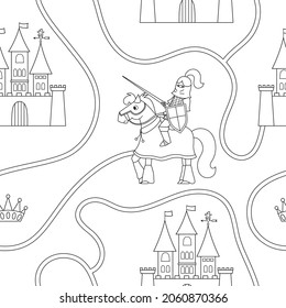 Black and white seamless pattern with fairy tale knight, road, castle, crown. Repeat background with fantasy armored warrior and kingdom plan. Fairytale soldier digital paper