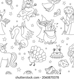 Black and white seamless pattern with fairy tale characters. Vector line repeat background with fantasy witch, unicorn, dragon, fairy, magician, mermaid, frog prince. Medieval fairytale digital paper
