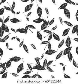 Black and white seamless pattern of falling leaves. Natural background.