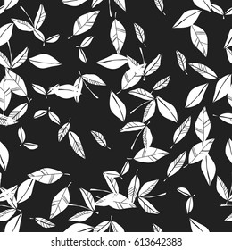 Black and white seamless pattern of falling leaves. Natural background.