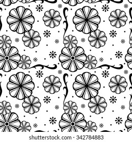 Black and white seamless pattern with fantasy flowers