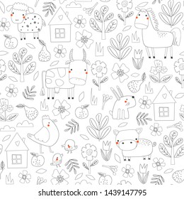 Black and white seamless pattern with farm animals, flowers and fruits for kids. Vector illustration.