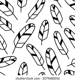 Black and white seamless pattern with feathers in simple doodle style. Vector illustration background.