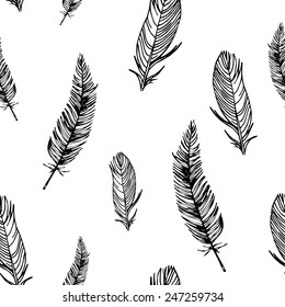 Black and white seamless pattern with feathers