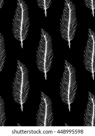 Black white seamless pattern with feathers. Boho Style Elements. Vector Drawing. 