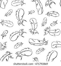 Black and white seamless pattern with feathers. Vector illustration