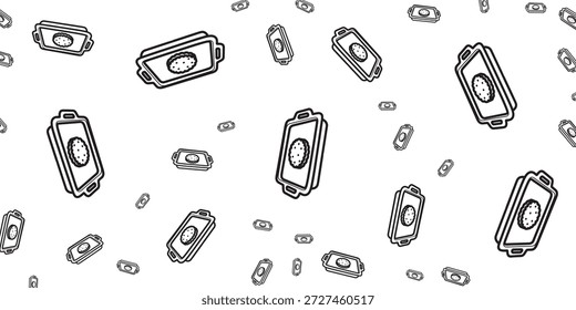 A black and white seamless pattern features numerous cartoon-style baking trays, each holding a round cookie, floating and scattered across a clean white background.