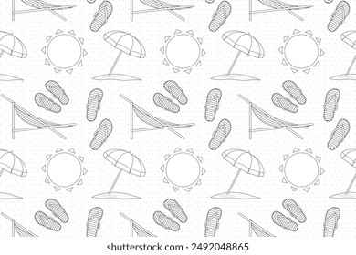 Black and white seamless pattern featuring beach umbrellas, flip flops, sun loungers, and suns. Ideal for coloring pages and summer-themed designs.