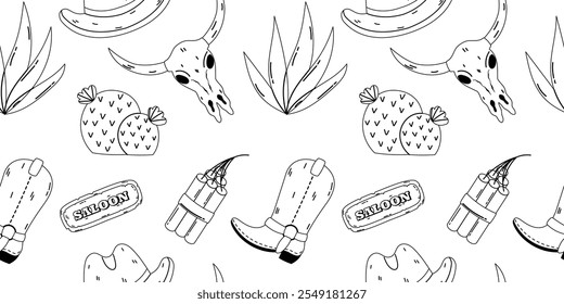 Black and white seamless pattern featuring Wild West motifs, including cowboy boots, cacti, and saloon signs.