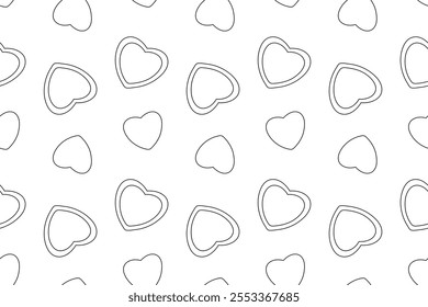 Patrón sin fisuras en blanco y negro con corazones delineados para colorear. Perfecto para actividades infantiles y proyectos creativos.