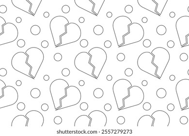 Black and white seamless pattern featuring broken hearts and circles, perfect for childrens coloring pages.