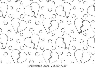 Black and white seamless pattern featuring broken hearts and circles, perfect for childrens coloring pages.