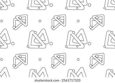 Black and white seamless pattern featuring hand-drawn triangles and scattered dots, ideal for childrens coloring pages or background designs.