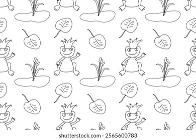 Black and white seamless pattern featuring frogs with crowns, ponds, lily pads, and reeds for kids coloring fun.