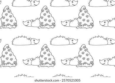 Black and white seamless pattern featuring cute hedgehogs and flowering bushes in line art style. Perfect for coloring books.