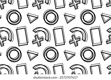 Black and white seamless pattern featuring geometric shapes including circles, triangles, crosses, rectangles, and arches, ideal for coloring or design projects.