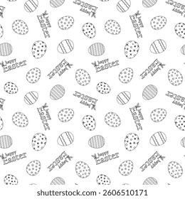 Black and white seamless pattern featuring decorative Easter eggs with various patterns and - Happy Easter - text. Ideal for kids coloring page, wrapping paper and holiday activities.