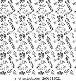 Black and white seamless pattern featuring Easter bunnies, tulips, bouquets, and - Happy Easter - text in a hand drawn doodle style. Ideal for kids coloring page and festive holiday crafts.