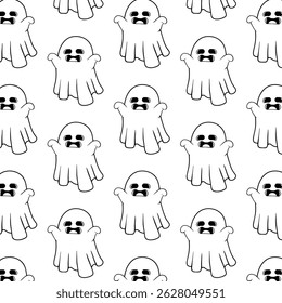 Black and white seamless pattern featuring playful floating ghosts.Ideal for Halloween stationery and crafts.