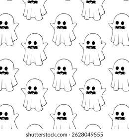 Black and white seamless pattern featuring playful floating ghosts.Ideal for Halloween stationery and crafts.