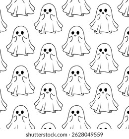 Black and white seamless pattern featuring playful floating ghosts.Ideal for Halloween stationery and crafts.