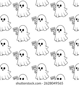 Black and white seamless pattern featuring playful floating ghosts.Ideal for Halloween stationery and crafts.