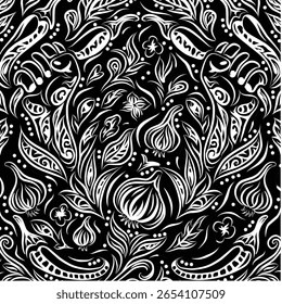 A black and white seamless pattern featuring stylized garlic, onions, peppers, and floral elements.  The design is intricate and reminiscent of folk art.