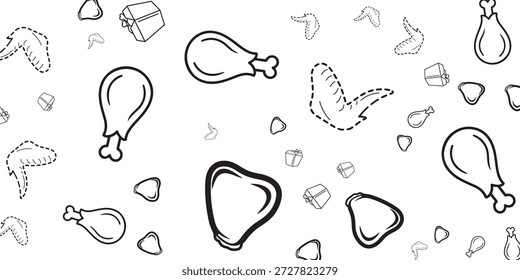 Um padrão sem costura preto e branco com várias partes de frango contornadas como baquetas, asas e nuggets, intercaladas com pequenas ilustrações de caixa de presente, criando um fundo de comida brincalhão.